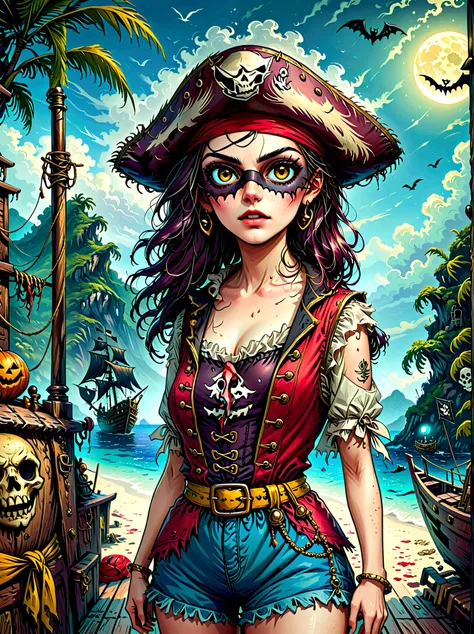 (whole body:1.3), (1 female pirate captain), wearing a straw hat, (black eye mask), rich expressions, (gloomy:1.3), (gothic horr...