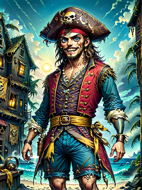 a pirate captain with a straw hat who has wide joyous eyes and over-expressive facial features. he is surrounded by a gloomy and...