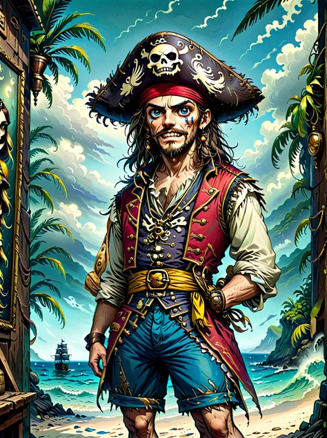 a pirate captain with a straw hat who has wide joyous eyes and over-expressive facial features. he is surrounded by a gloomy and...