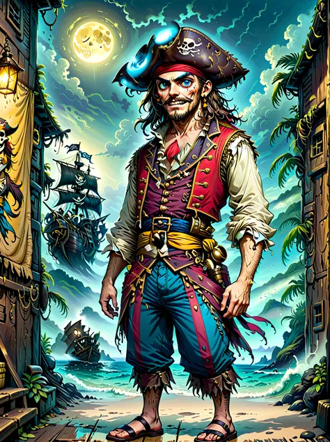 a pirate captain with a straw hat who has wide joyous eyes and over-expressive facial features. he is surrounded by a gloomy and...