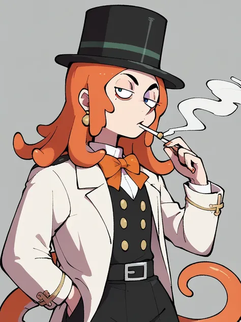 humanoid figure with an orange octopus head with a black vigote, a top hat and a monacle dressed elegantly, smoking