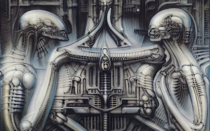 giger_style, create biomechanical tableau with some of the artistic techniques and compositional features used in /“the tourist/...