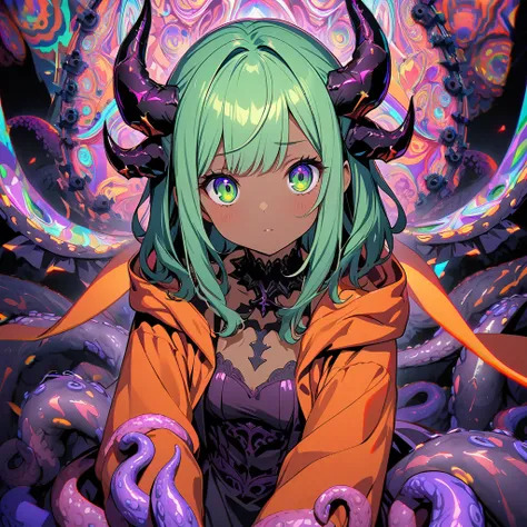 (best quality,detailed (heir|eye),select and generate best screen effect),((1girl,long-deepgreen-hair,green-eyes,orange-hooded-jacket)),absurdres, ((high-resolution)), ultra detailed, vivid colors, abyssal goddess, dark skin, horns, white hair, ((medium ha...