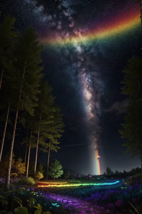 rainbow, very beautiful, photorealism, 8k, extra detailed, shiny, in night forest, night, growing, bright, atmospheric, comette, comette in the sky, armageddon, falling asteroid