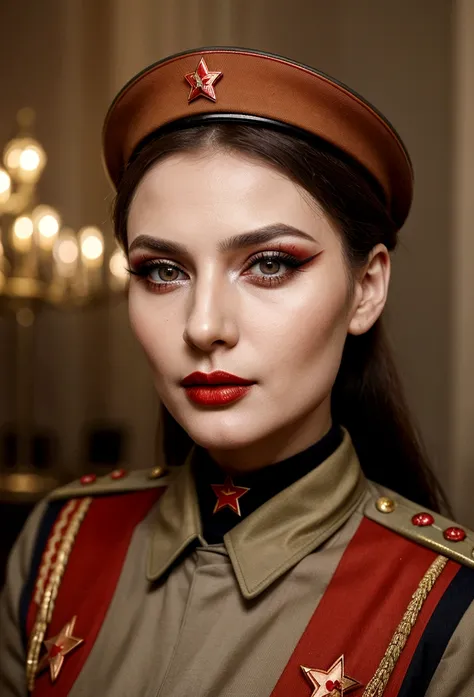 Soviet woman, Soviet officer, model appearance, a lot of makeup, sexy face with full makeup, DRESSED IN MILITARY UNIFORM