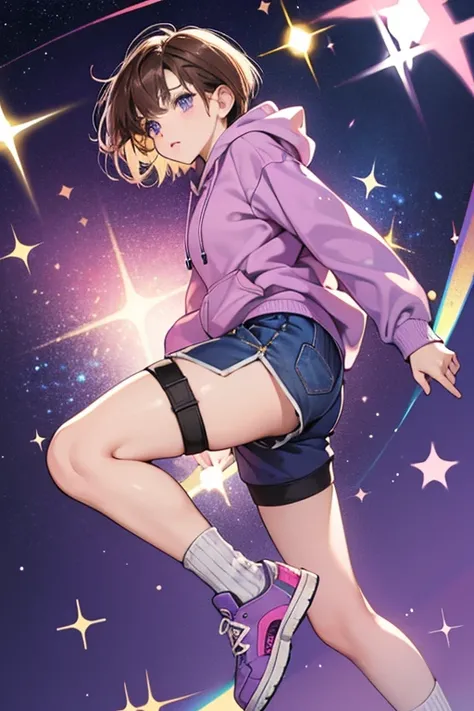 She has short brown hair and her eyes are never seen, either being shaded over or hidden by her hair. She wears a purple hoodie, dark blue shorts, long socks, and pink shoes. SPARKLE; GLITTER