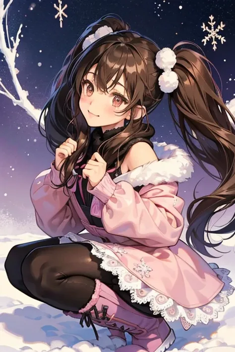 Yukine has dark brown eyes and dark brown hair that reaches just below her shoulders, tied in two pigtails. She wears a pink, long-sleeved winter dress with lace around the neck hole and a snowflake design at the bottom left. She also wears black leggings ...