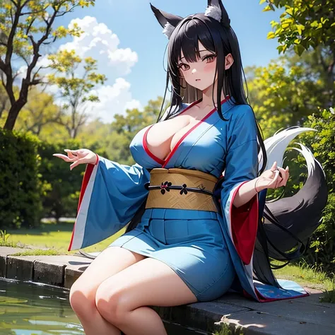 One Girl, Fox Girl, Nine-Tailed Fox,Fox Ears, Black colored hair, Fox Makeup,One Girl, Kimono with open chest, Body size is 100-70-90!, Nice body, Avatar, face, Open chest, lewd face, Dominant representation, naughty face, Big Breasts, Emphasize cleavage,S...