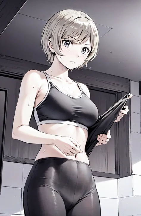 Grey sports bra、Grey pantieasterpiece、Highest quality)、Highest quality, Ultra-high resolution, (((masterpiece))), alone, Sweat、Big eyes, Please show me your armpits, Composition from the front、（Short back hair、short hair、blonde、woman）、(Manga style:1.1)、Sho...