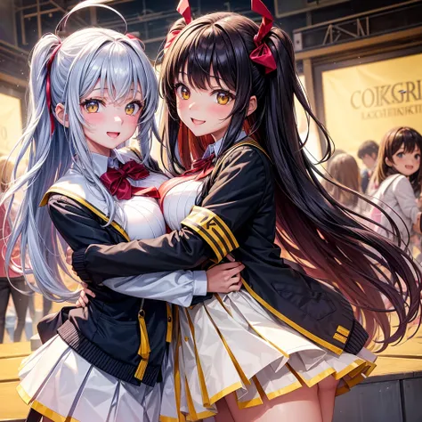 best quality，8K，smile，blazer，20 girls，ribbon on uniform，chool Graduation Ceremony,middle School girls，Girl groupultiple girls are depicted，Harem，idol group，photo shoot，long hair，wearing a cardigan，highest quality，big breasts，School festival，Festivals，Gathe...