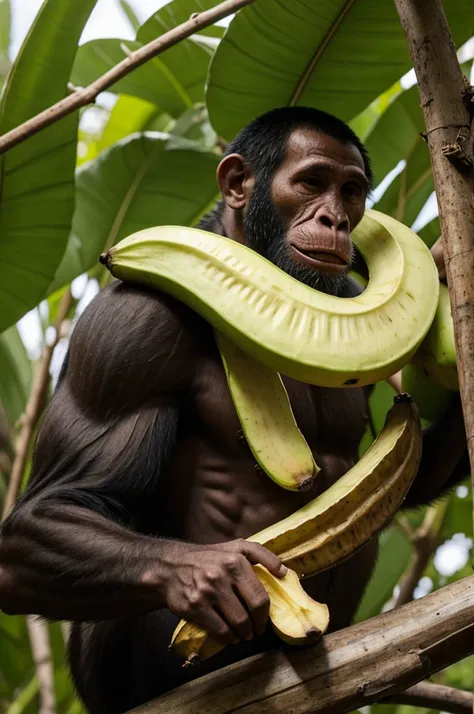 Hombre monos cosechando platanos