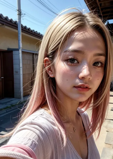 taken with iphone camera BREAK medium shot selfie of a cute young japanese woman BREAK (ombre:1.3) blonde pink BREAK film grain, medium quality