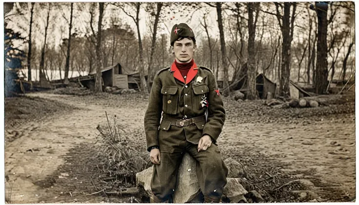 Year 1939, Young man aged 17-18 years , Dark green jacket, red turtleneck, The jacket has a red four-pointed star on the lapel.., Wearing a black vest throughout.., Wearing light green M35 Harovari pants..., Military boots, Wear a Soviet Pilotka Cap.(clamp...