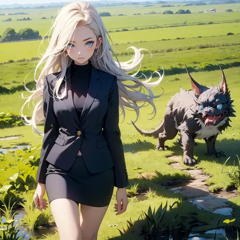 teenage girl (blue long hair),(blue eyes),(Wear a simple, elegant, plain black skirt suit.),(The background is a grass field with many cute monsters.)