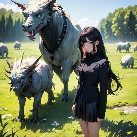 teenage girl (blue long hair),(blue eyes),(Wear a simple, elegant, plain black skirt suit.),(The background is a grass field with many cute monsters.)