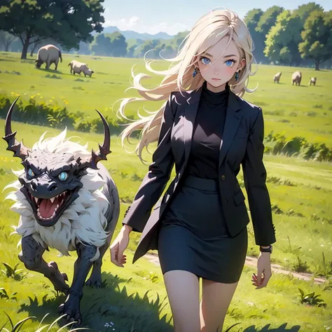 teenage girl (blue long hair),(blue eyes),(Wear a simple, elegant, plain black skirt suit.),(The background is a grass field with many cute monsters.)