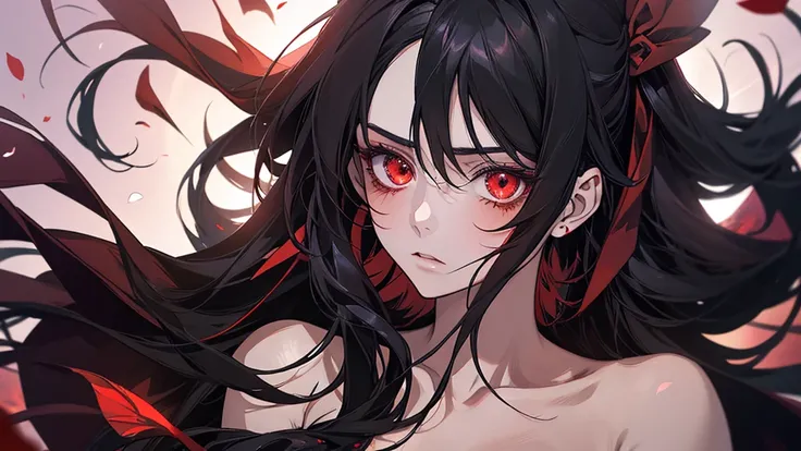 Anime girl with black hair and red petals on her face, Yandere, gapmoe Yandere, With eyes that glow red, Another close-up of Iwakura, bakemonogatari, gapmoe Yandere grimdark, Red eyes glow, By Ren, Tohsaka Rin, With red eyes, sakura petals around her, Sing...