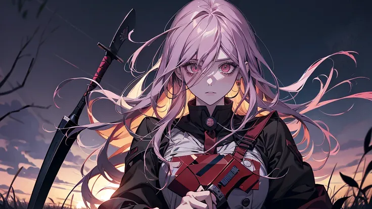 Close-up of a person holding a bloody axe in a field, Yandere. expensive, gapmoe Yandere grimdark, Yandere, gapmoe Yandere, Danganronpa digital art, Kantai Collection Style, portrait gapmoe Yandere grimdark, Fate-like anime style/Stay Night, Yandere intric...