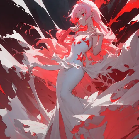 masterpiece, White glowing coral pink hair, long hair, glowing red eyes
Eyes, torn white shoulder strap dress, suspicious atmosphere, eerie,  small breasts, white skirt, thin body, Cool Beauty, red concentrated line background,  collarbone, red energy bull...