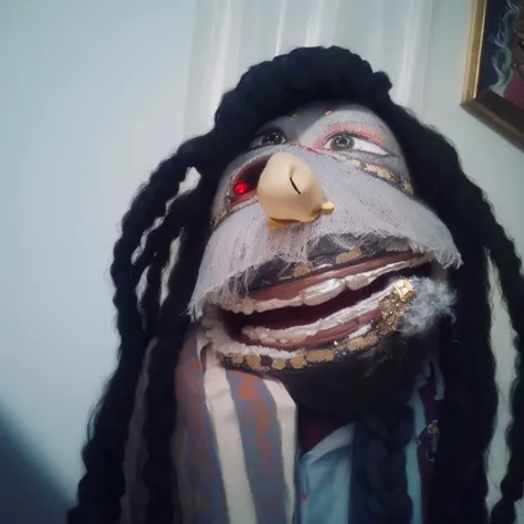 a close up of a cute happy sock puppet with dreadlocks smoking a cigar, realistic cloth puppet, string puppet, wearing diamond gold grills on his teeth, he is smoking a blunt, his eyes are low and red because he is high, highley detailled face, matching ey...