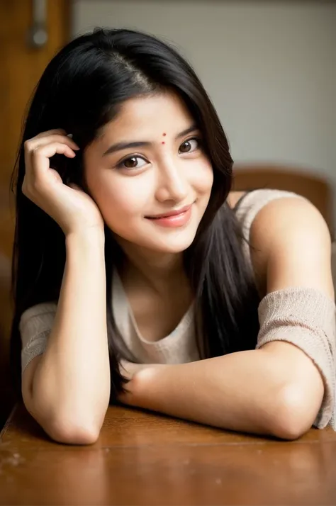 A beautiful young Indian woman looking into camera, setting in home on chair, and smile 