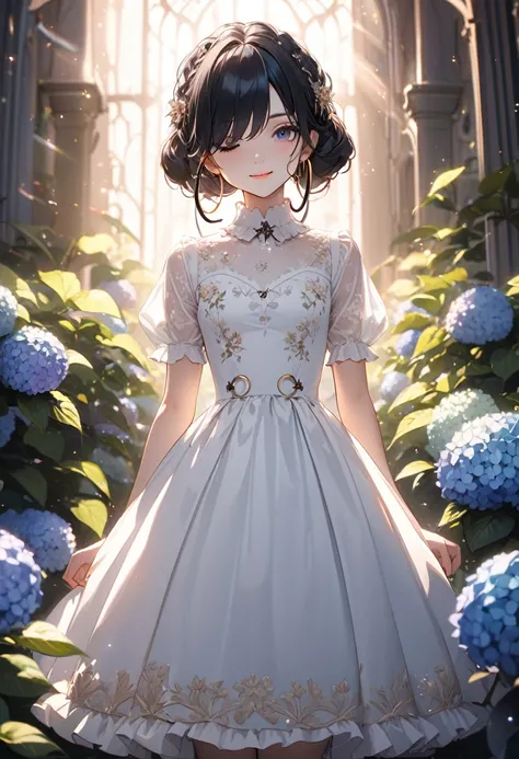 ((masterpiece)), (anime:1.5), ((Highest quality)), (RAW Photos:1.2), (High resolution:1.3), (Professional photography:1.2), (chromatic aberration), One girl, Lens flare, Wide Shot, Textured skin, Cinema Lighting, One girl, ((Beautiful Gothic Lolita Pure Wh...