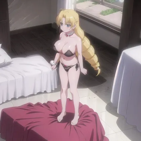 sernia_iori_flameheart, black hair, twin drills, large breasts, very long hair, anime screencap, bedroom, black lace underwear,, masterpiece, best quality