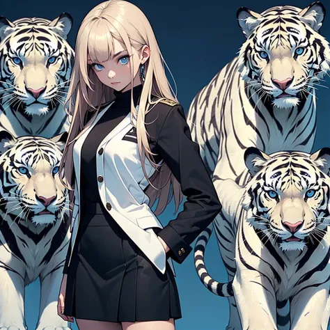 teenage girl (blue long hair),(blue eyes),(Wear a simple, elegant, plain black skirt suit.),(The background has a white tiger.),(Have rank)