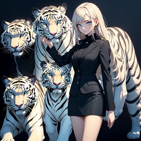 teenage girl (blue long hair),(blue eyes),(Wear a simple, elegant, plain black skirt suit.),(The background has a white tiger.),(Have rank)