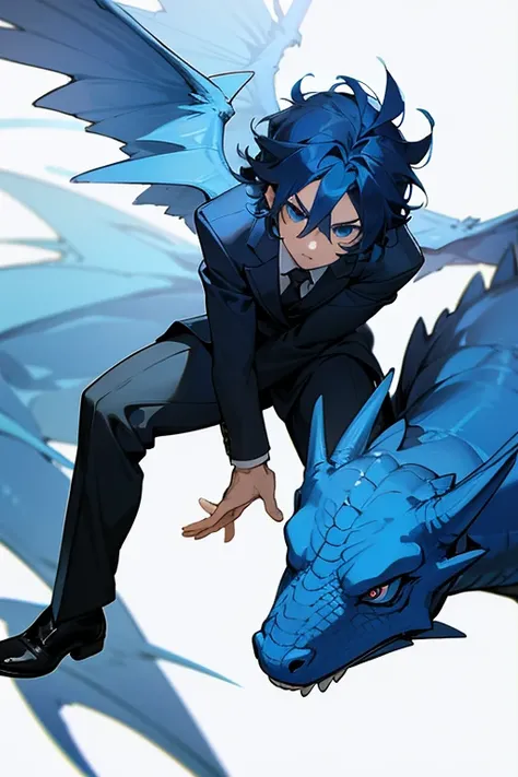 a ok . now the boy with blue eyes and hair in a suit petting a blue dragon with wings