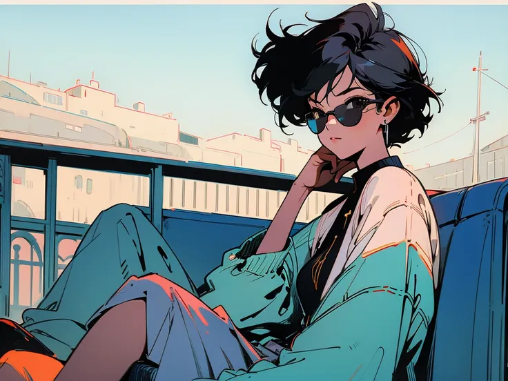 Swedish cityscape、Terrace seats、Cool black hair woman、Break、Wearing sunglasses