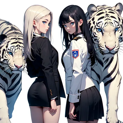 The teenage girl looked back.(blue long hair),(blue eyes),(Wear a simple, elegant, plain black skirt suit.),(The background has a white tiger.),(Have rank)