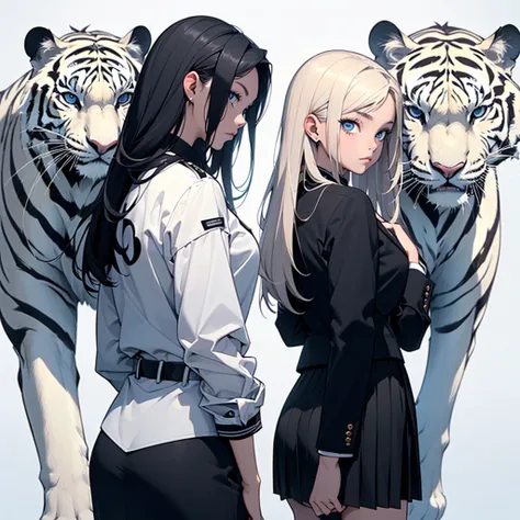 The teenage girl looked back.(blue long hair),(blue eyes),(Wear a simple, elegant, plain black skirt suit.),(The background has a white tiger.),(Have rank)