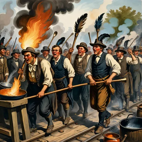 Nineteenth-century America, angry crowd of people with torches, pots and pans, some blowing horns. carrying two men covered in tar and feathers on rail,  color painting