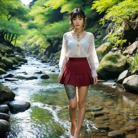 (best quality, 4k, Masterpiece, Ultra detailed, RAW quality), Japanese arafed with tattoos, sexy look, short skirt, transparent blouse, bare feet, walking along a stream, medieval Japan.