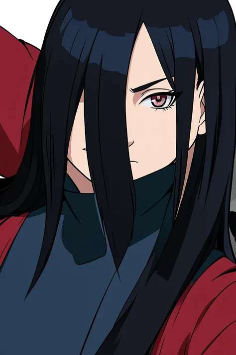 masterpiece, (solo), absurdres, portrait, ((upper body)), ((close up)), detailed background, fine detail, HDR, female, black hair, long hair, ninja uniform, hair over one eye, neutral expression