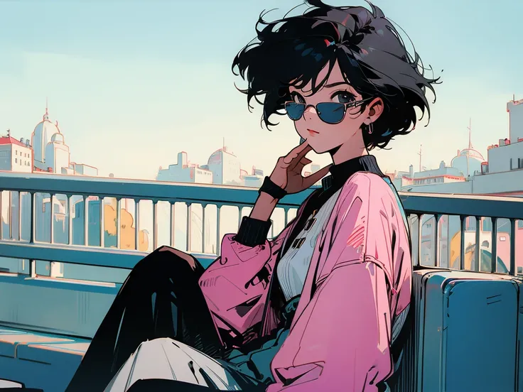 Swedish cityscape、Terrace seats、Cool black hair woman、Break、Wearing sunglasses