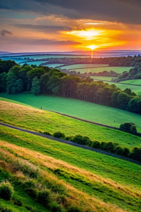 Original landscape，Sky and clouds,  sunrise，Tyndall effect，A country road，Colorful hot air balloon，High quality desktop wallpaper, Verdant forest, Detailed field properties, Beautiful English countryside, Stunning scenery, Rolling Hills, Landscape Wallpape...