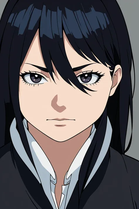 masterpiece, (solo), absurdres, portrait, ((upper body)), ((close up)), detailed background, fine detail, HDR, female, black hair, long hair, black eyes,  ninja uniform, black jacket, white shirt, hair over one eye, neutral expression