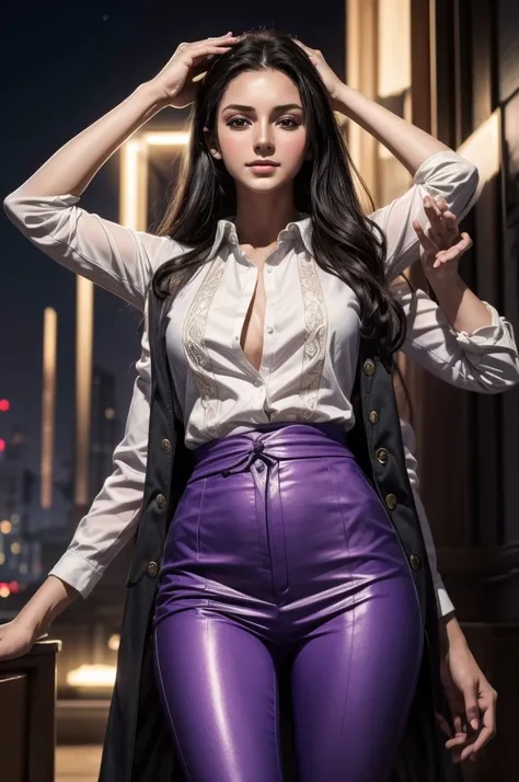 masterpiece, best quality, extremely detailed, hyperrealistic:1.1, photorealistic, a beautiful 20s russian model, ultra detailed face:1.1, white long sleeve shirt, purple pants:1.1, medium hair, black hair, extra arms:1.2, 10 arms:1.2, raising arms, inters...