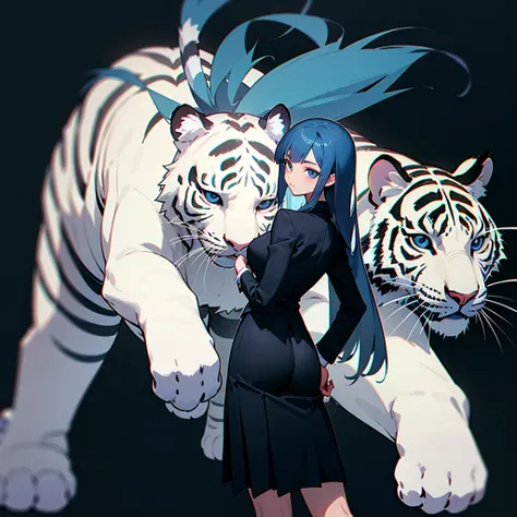 The teenage girl looked back.(long hair,blue hair),(blue eyes),(Wear a simple, elegant, plain black skirt suit.),(The background has a white tiger.)