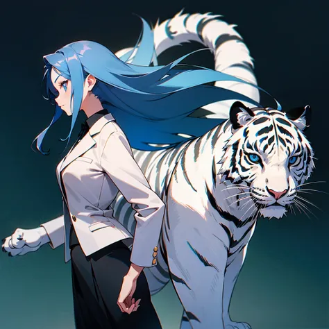 The teenage girl looked back.(long hair,blue hair),(blue eyes),(Wear a simple, elegant, plain black skirt suit.),(The background has a white tiger.)