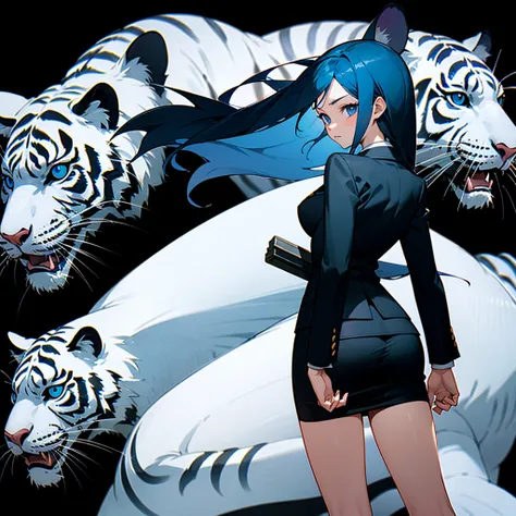 The teenage girl looked back.(long hair,blue hair),(blue eyes),(Wear a simple, elegant, plain black skirt suit.),(The background has a white tiger.)