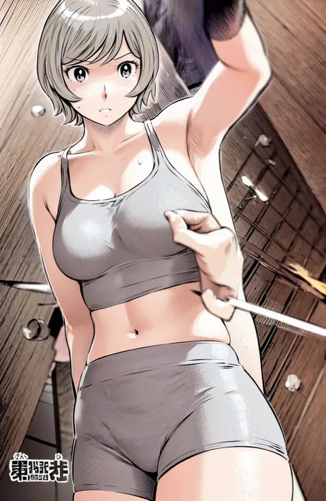 Grey sports bra、Grey panties、(masterpiece、Highest quality)、Highest quality, Ultra-high resolution, (((masterpiece))), alone, Sweat、Big eyes, Please show me your armpits, Composition from the front、（Short back hair、short hair、blonde、woman）、(Manga style:1.1)...