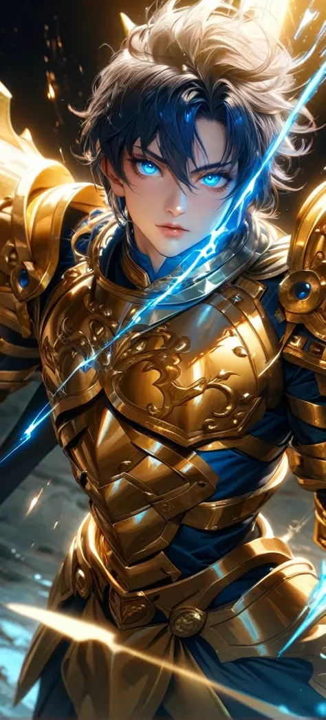  High quality, ultra realistic,absurdres, highres, ultra detailed, HDR, masterpiece, extremely detailed face and eyes,  Sagitarius Seiya, Saint Saiya , Golden Armor, solo, ,man, handsome, ,white eyeleshes, blue eyes , , Golden splashing effect, Golden ligh...