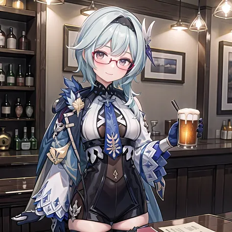 eula lawrence sozinha, sentada em uma mesa de bar, a noite, Starry sky, holding a mug of beer in his left hand, sorrindo, rosto corado, with prescription glasses, uma garrafa de cerveja na mesa ao lado