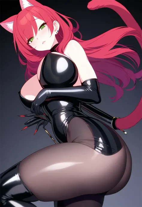 A breathtaking cat girl with stunning red hair cascading down her back, flowing gracefully over her curvaceous form. Her piercing green eyes seem to gaze directly into the viewers soul, demanding attention. She is dressed in a form-fitting midnight black l...