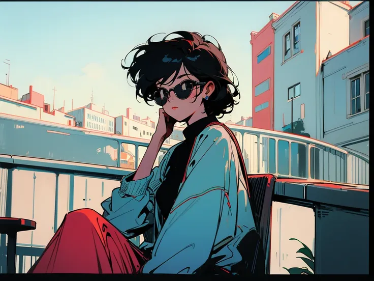 Swedish cityscape、Terrace seats、Cool black hair woman、Break、Wearing sunglasses