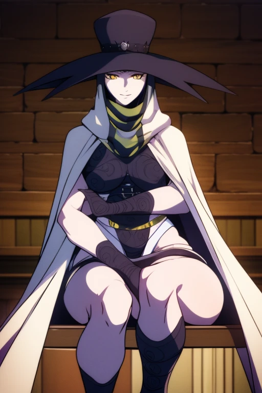 scathach, girl1, solo, hat, smile, yellow eyes, white skin, cape, shin megami tensei, gloves, shirt, socks
break looking at view...