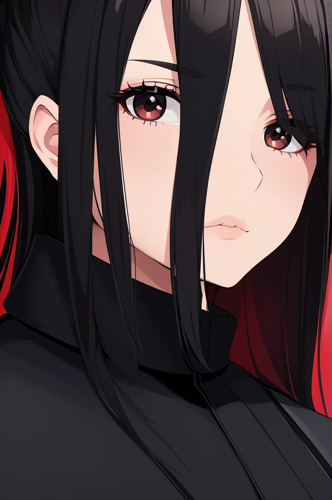 masterpiece, (solo), absurdres, portrait, ((upper body)), ((close up)), detailed background, fine detail, HDR, female, black hair, long hair, black eyes,  black and red ninja uniform, white shirt, hair over one eye, neutral expression